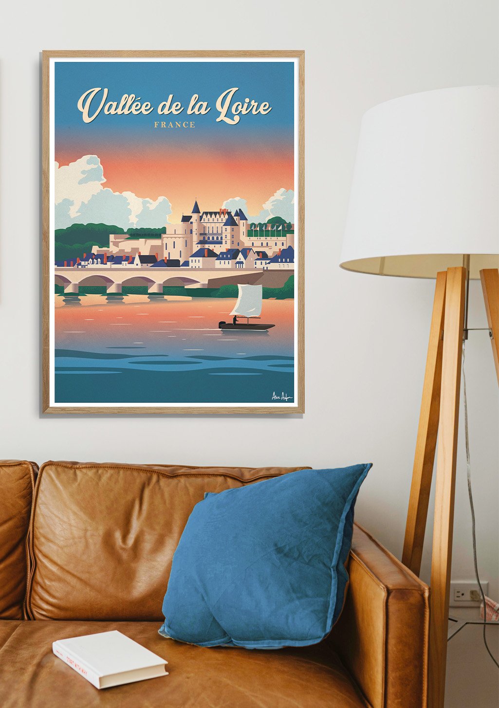 Poster de la Vallée de la Loire en France, château, rivière, bateau, coucher de soleil
