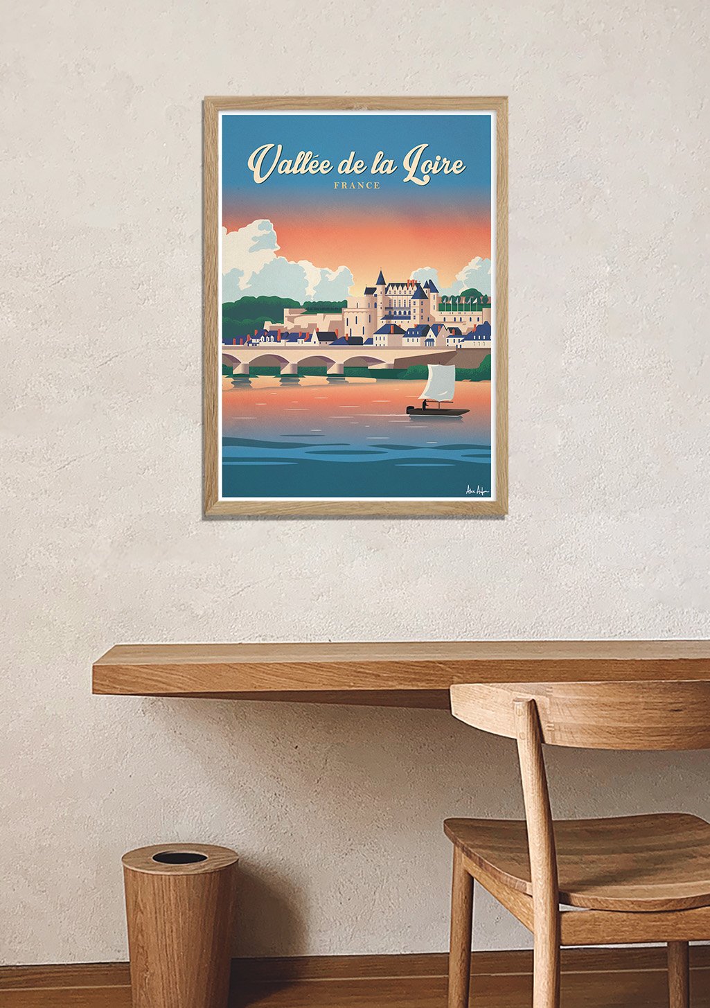 Poster de la Vallée de la Loire en France, paysage, bateau, coucher de soleil, pont, ville