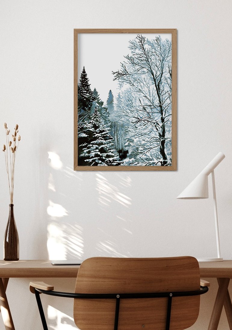 Forêt enneigée, arbres, hiver, nature, cadre en bois, peinture
