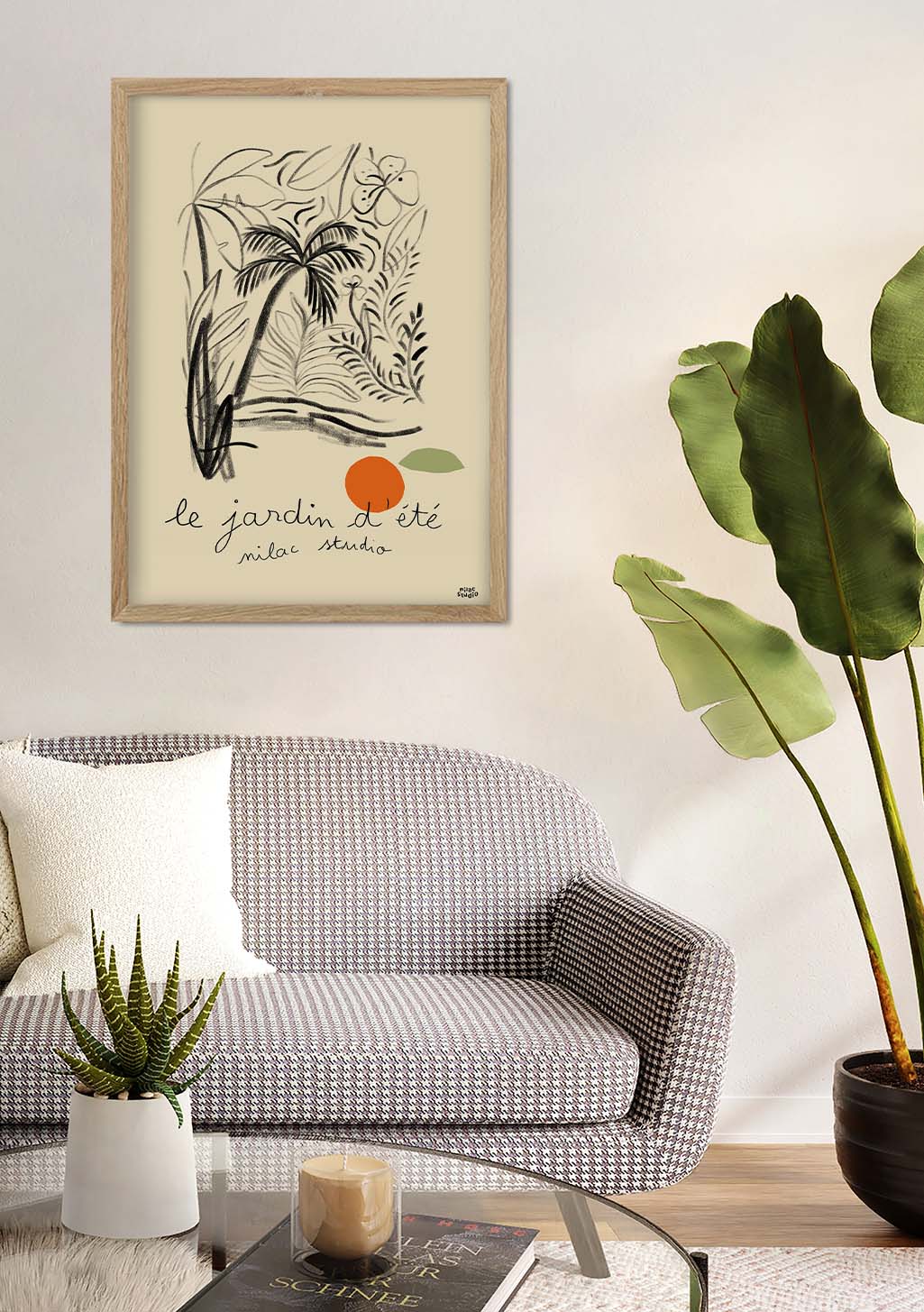 Plantes stylisées, orange, texte français