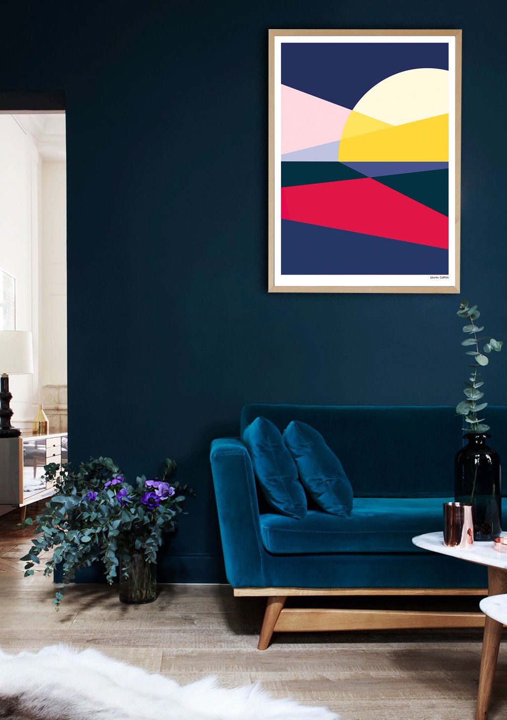 Art abstrait, formes géométriques, couleurs vives, soleil jaune, lignes obliques