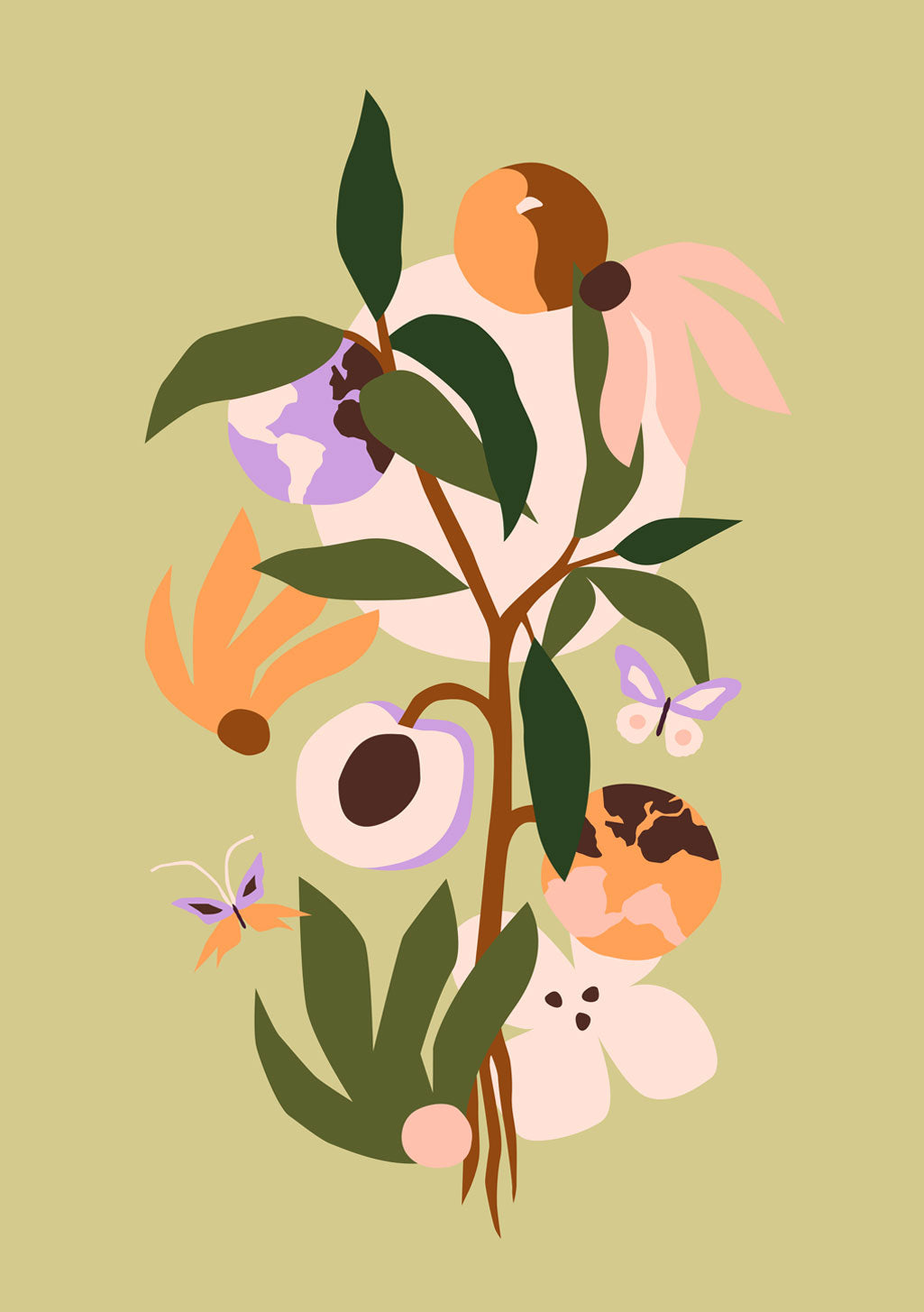 Illustration florale avec papillons, fruits et globe terrestre