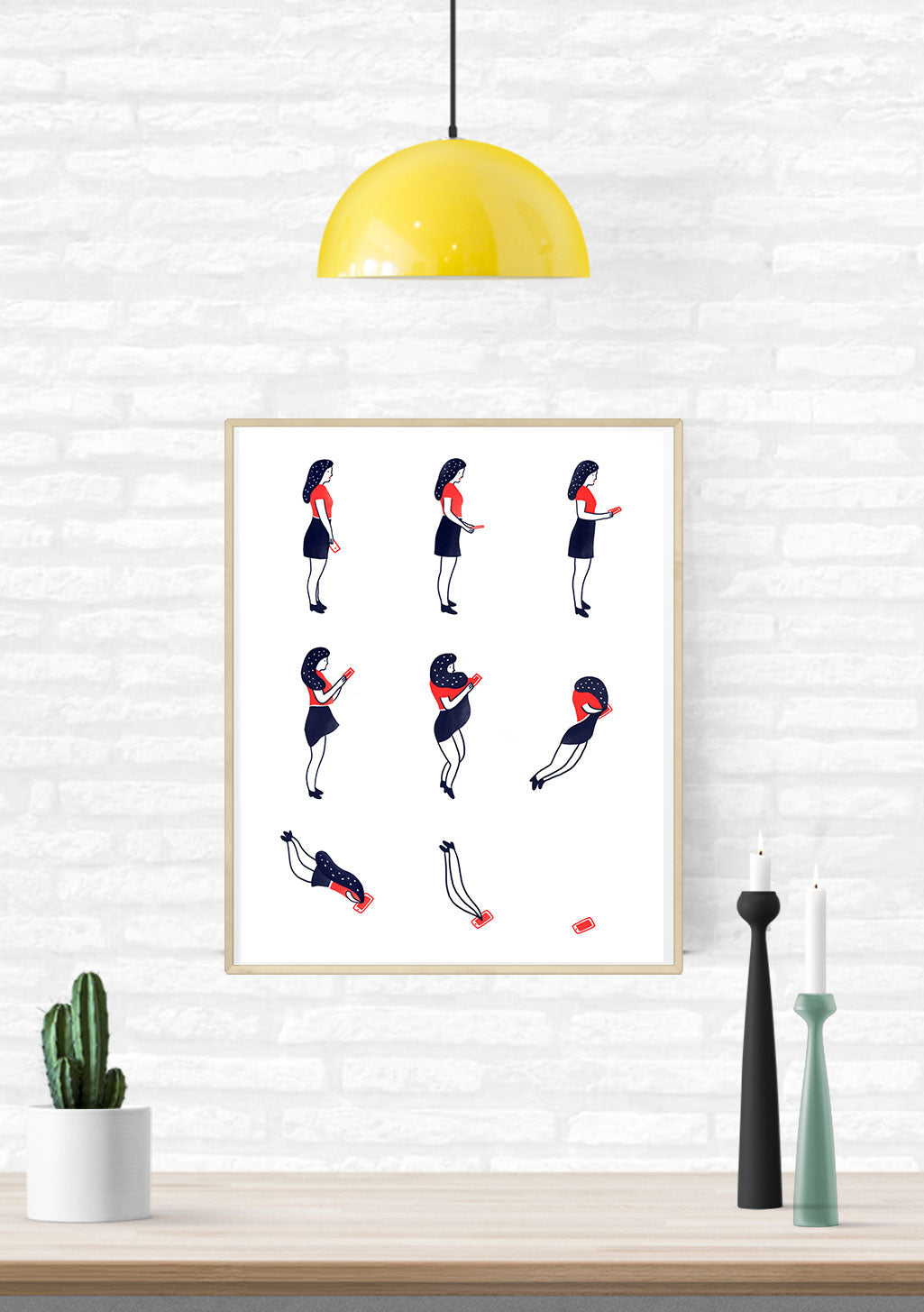 Femme tombant, séquences, dessin animé, rouge, noir, blanc, art minimaliste