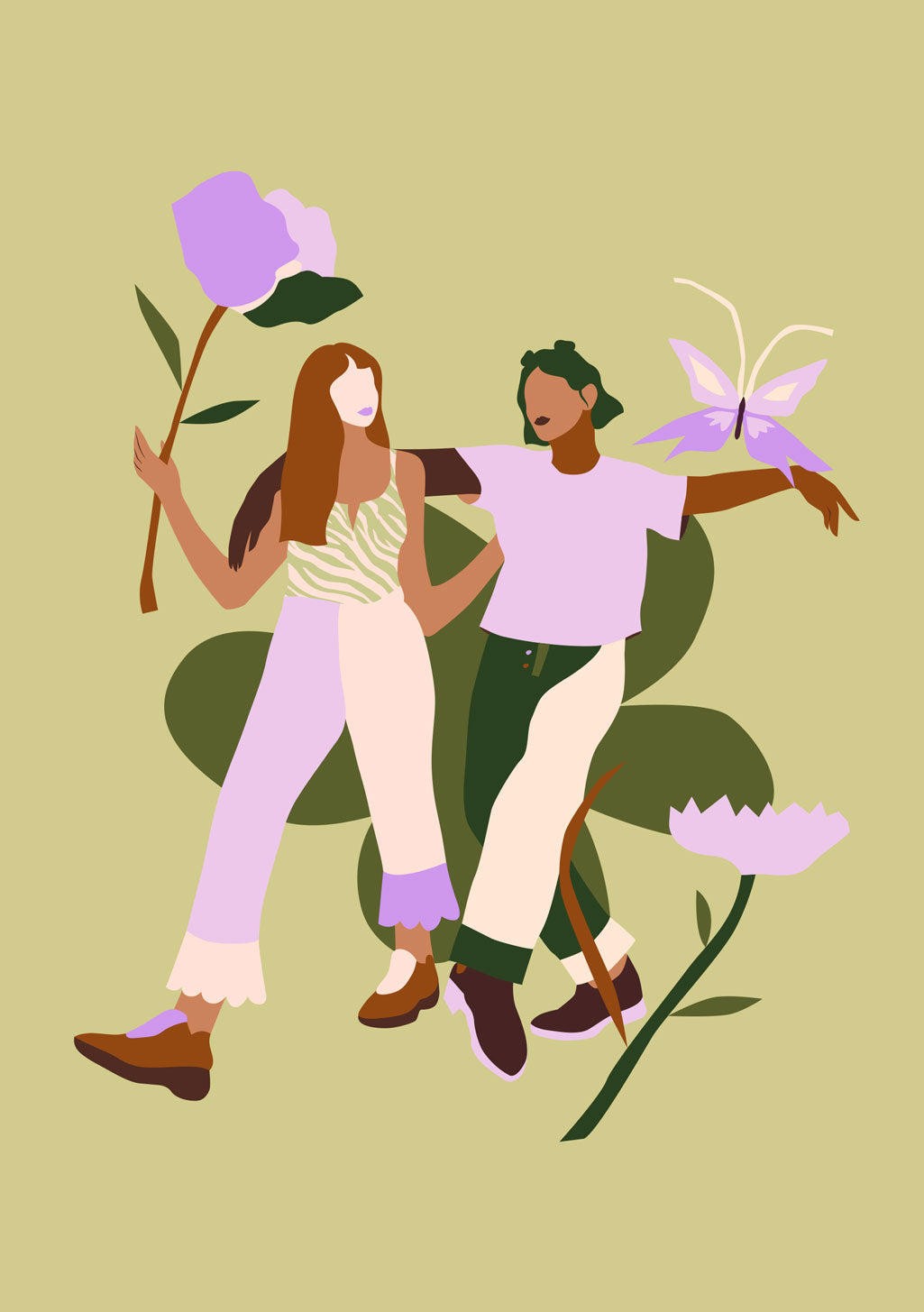 Illustration vectorielle de deux personnes avec des fleurs et un papillon