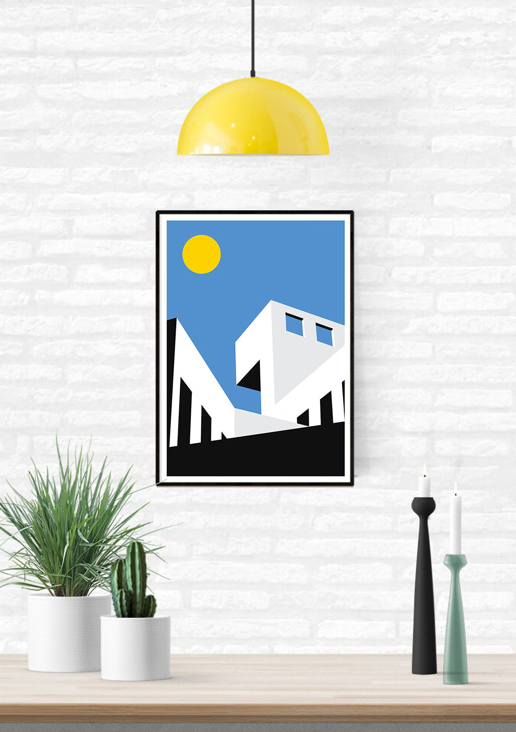 Art abstrait, bâtiment, soleil, couleurs vives, design géométrique