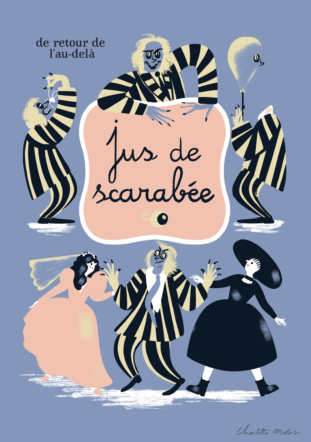 Illustration de groupe de personnages en noir et blanc, texte français, danseurs, scène de film