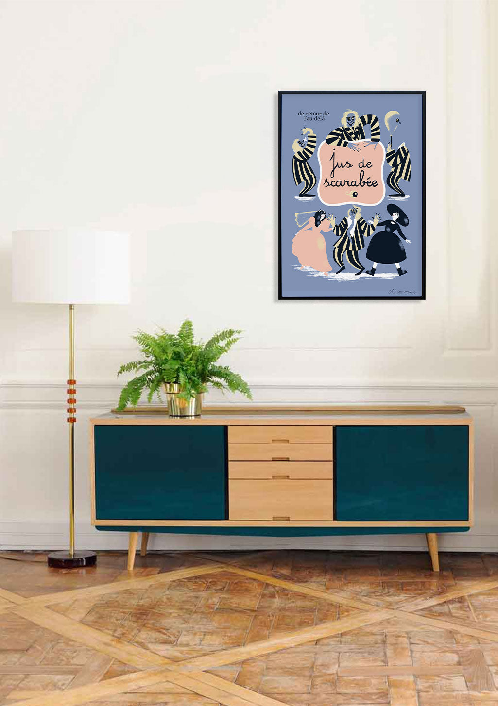 Poster avec des zèbres et des femmes, texte "Jus de scarabée"