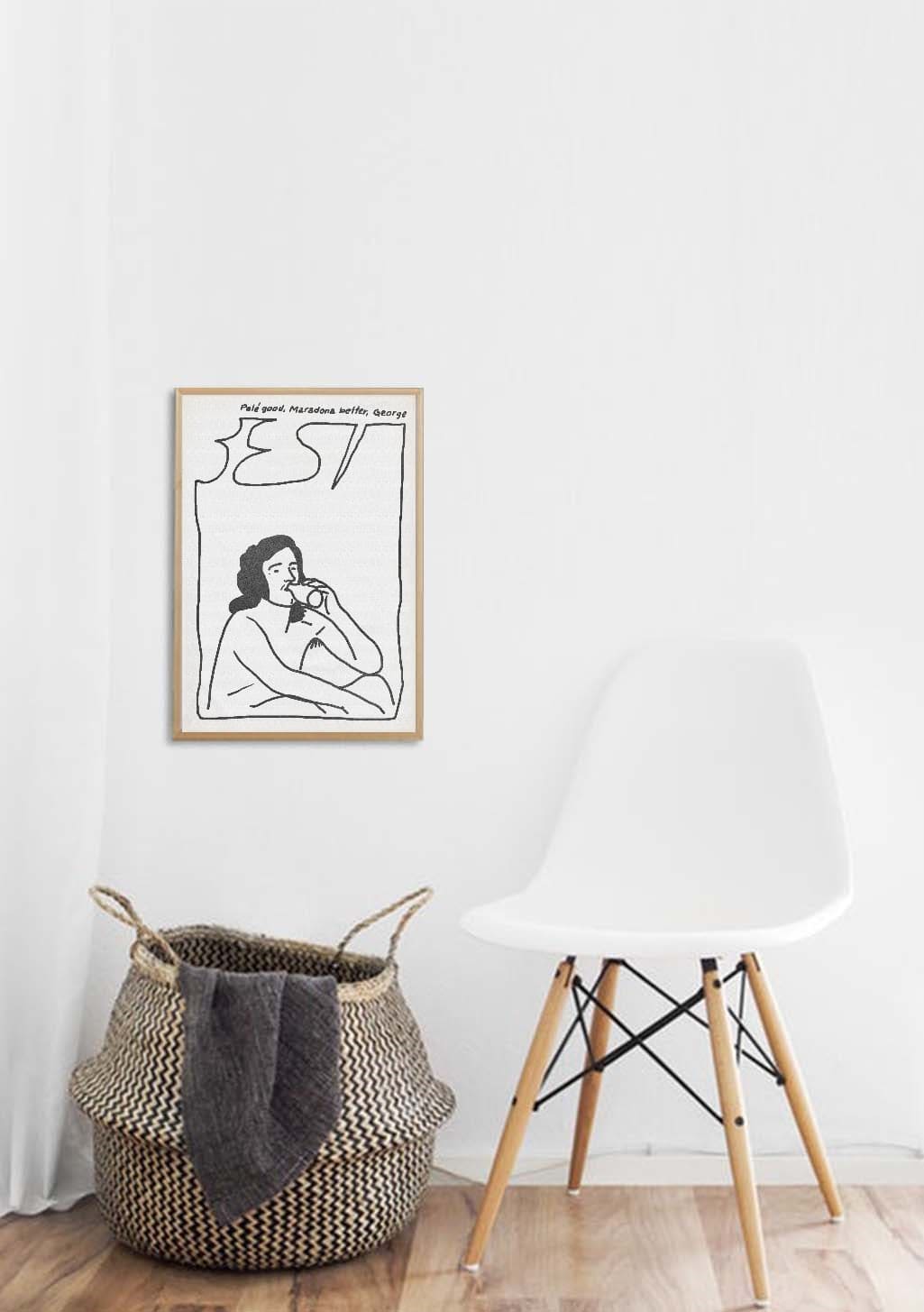 Femme assise, buvant, ligne claire, texte "Paul good, Marsden Hartley, George"
