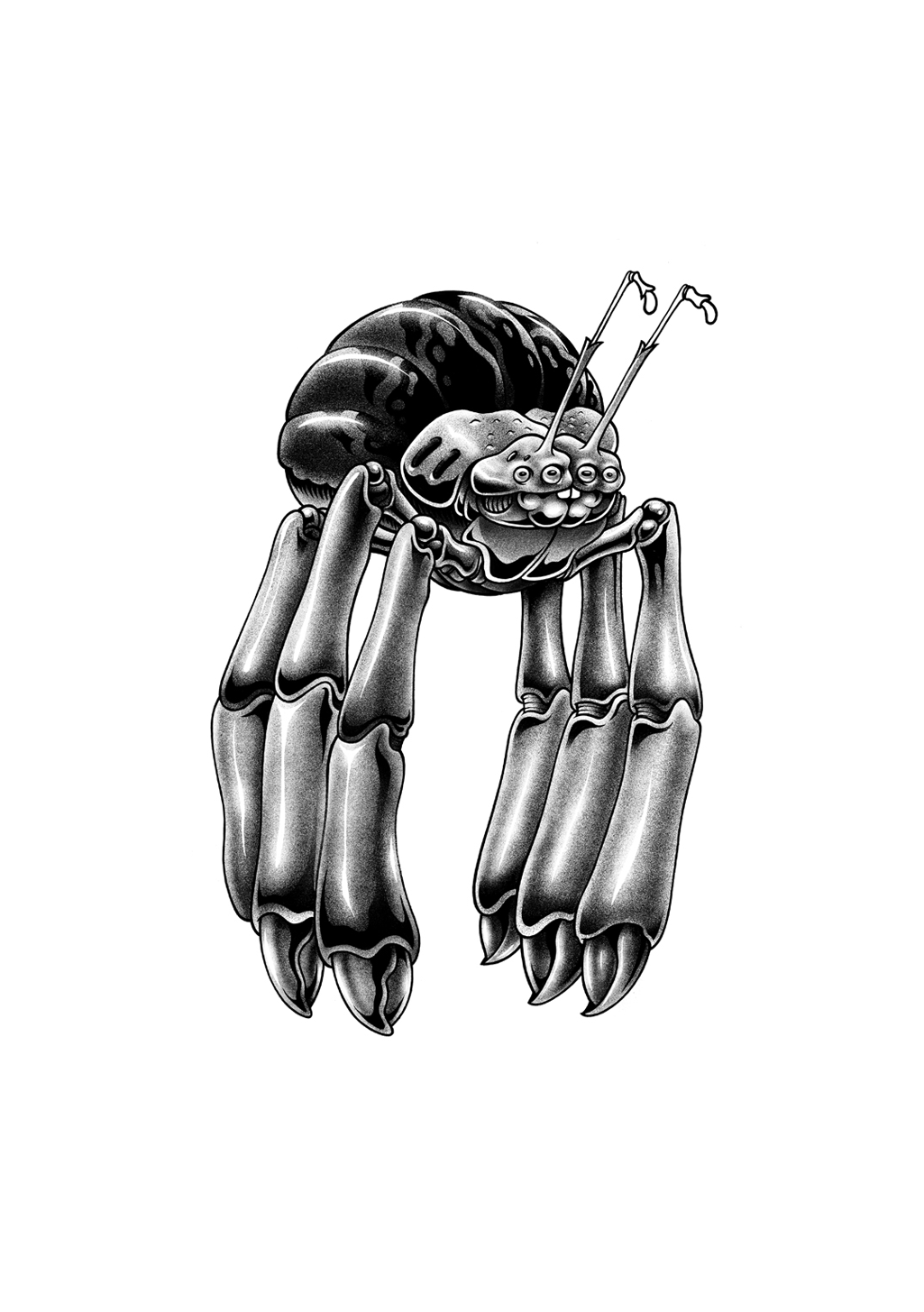 Illustration en noir et blanc d'un crustacé avec des pinces