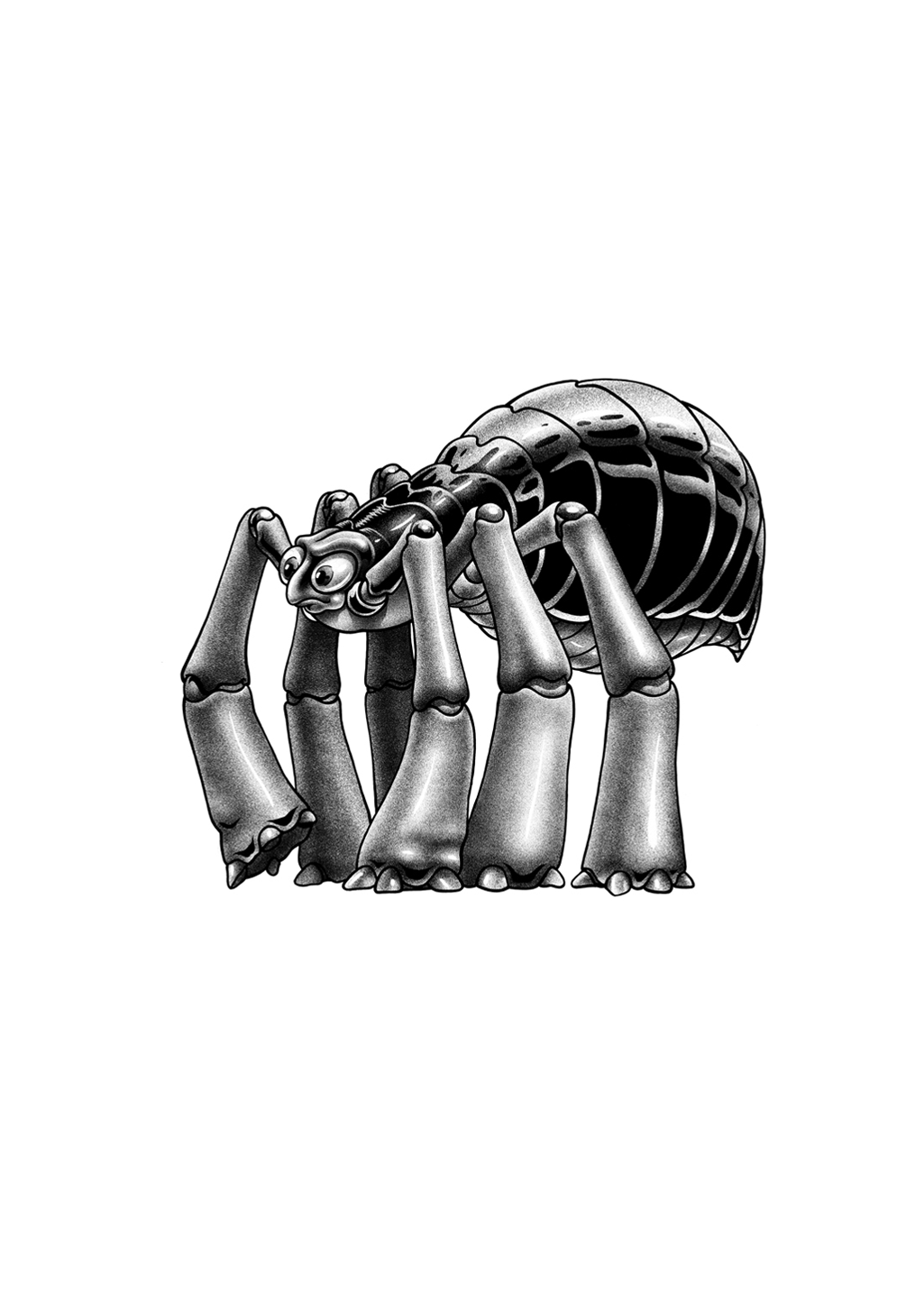 araignée robotique, dessin en noir et blanc, huit pattes, corps segmenté