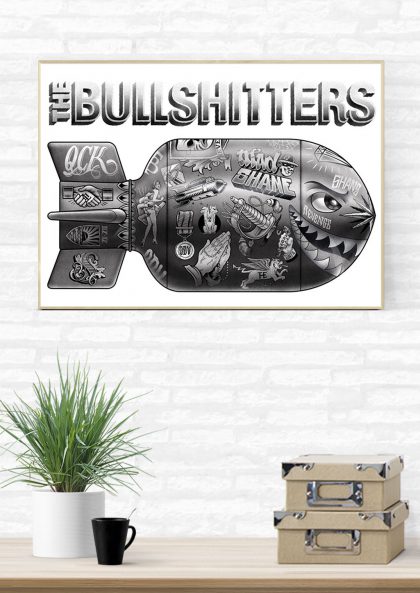 Poster en noir et blanc des Bullshitters avec un poisson