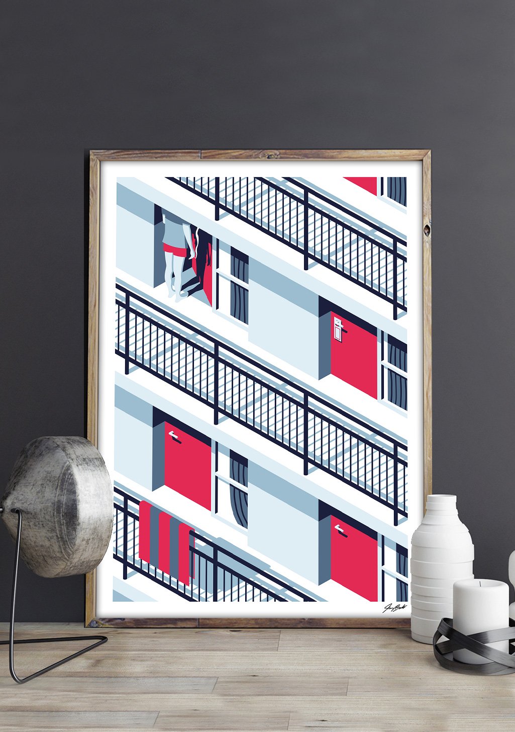 Art abstrait de bâtiment avec balcons et portes rouges