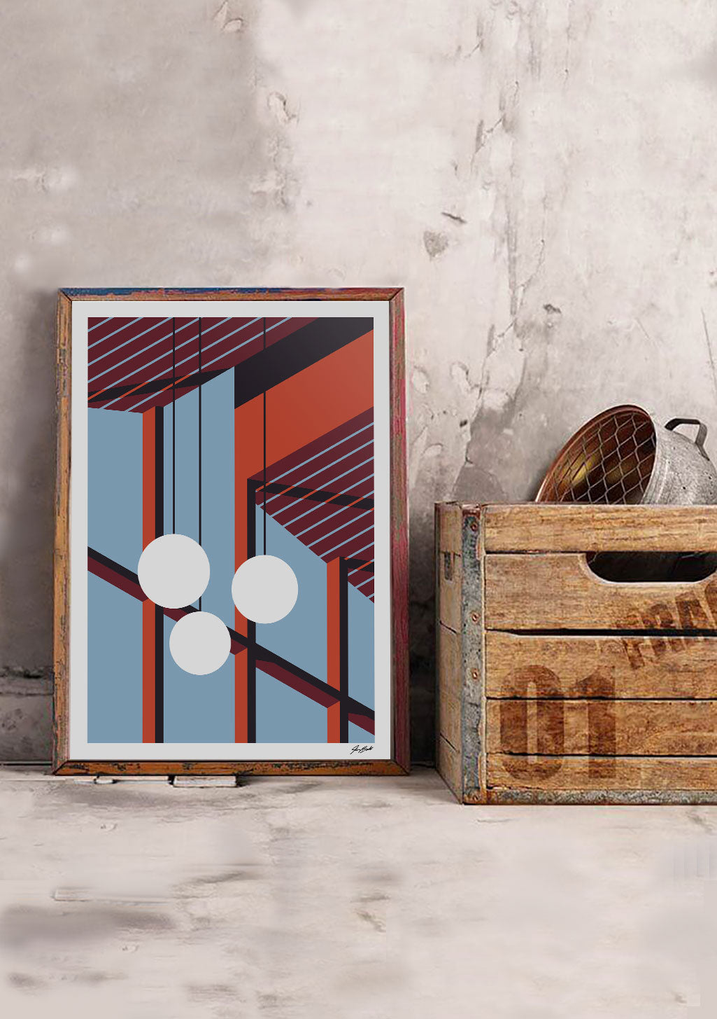 Art abstrait, lignes, cercles, rouge, bleu, cadre en bois