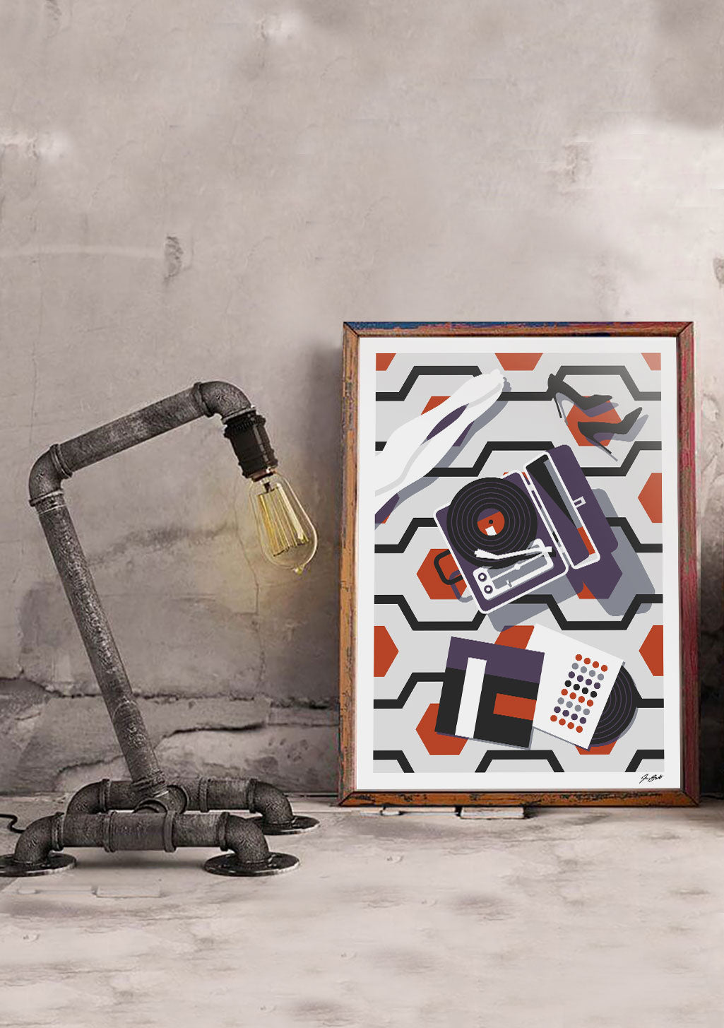 Art abstrait avec formes géométriques et tourne-disque