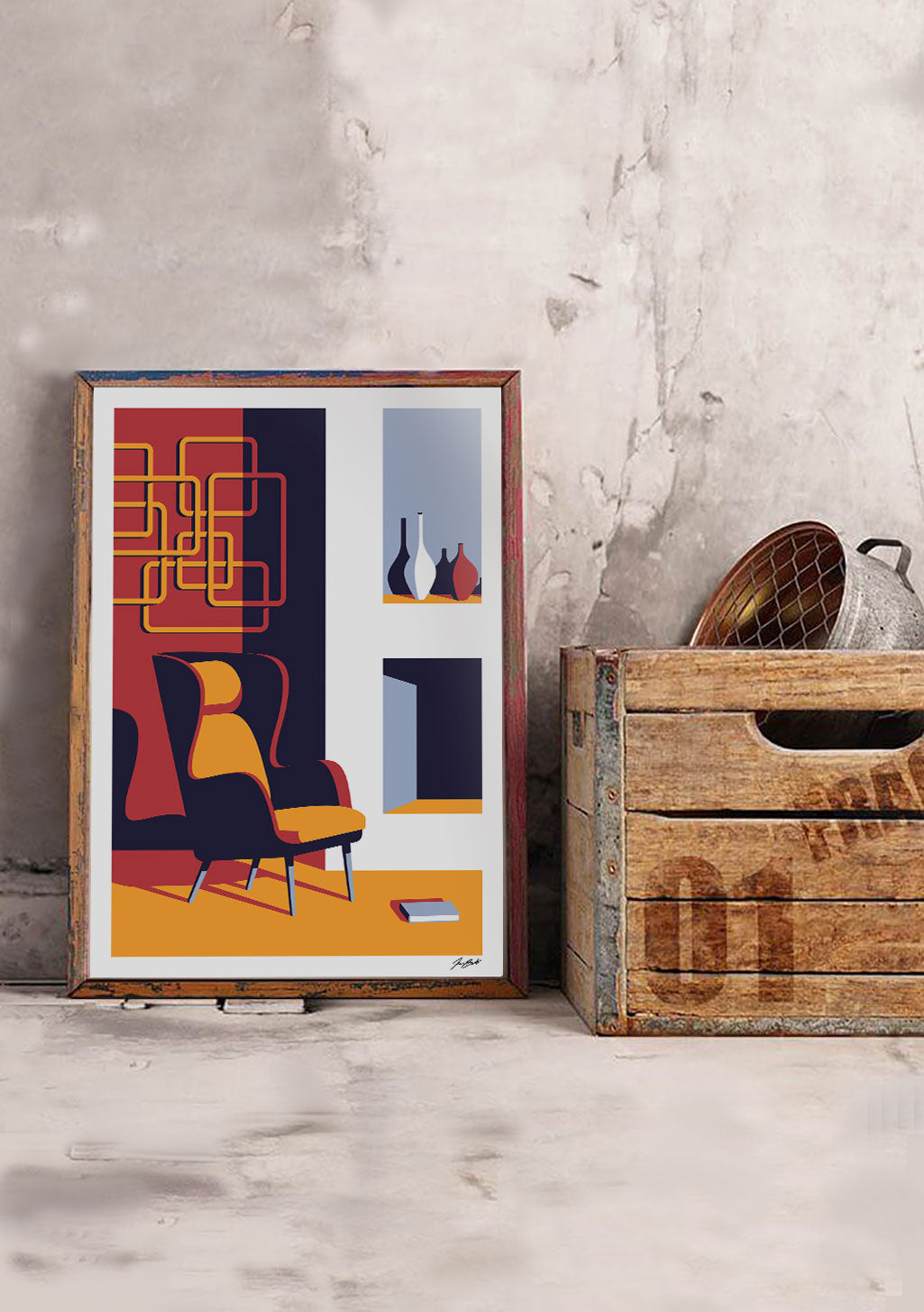 Chair, abstract, colors, shapes, room, art print, modern, design, geometric, vibrant, framed, wall