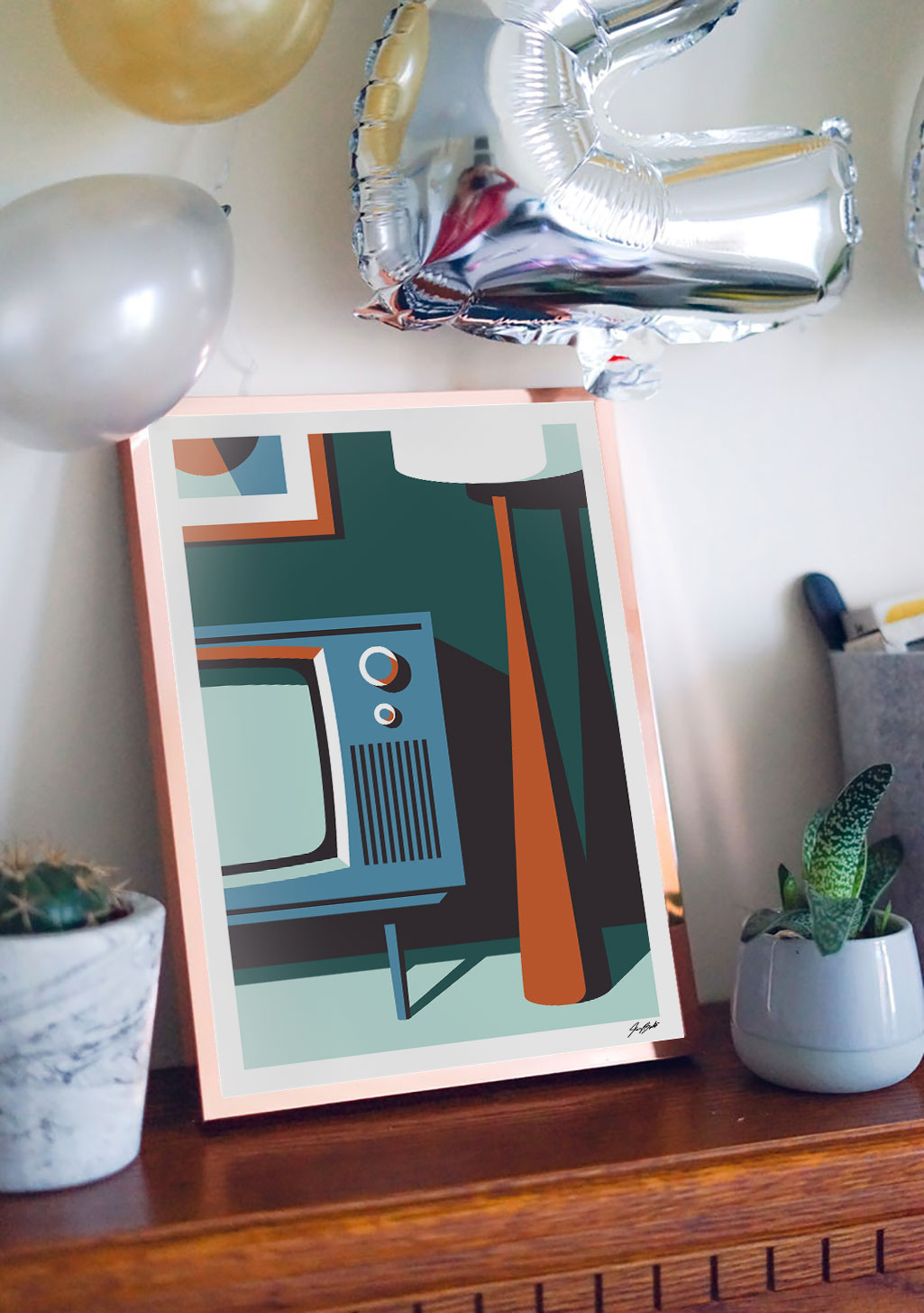 Art abstrait, formes géométriques, couleurs vives, meuble bleu, ligne orange