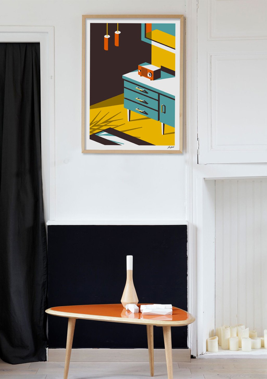 Poster abstrait avec meuble bleu et jaune