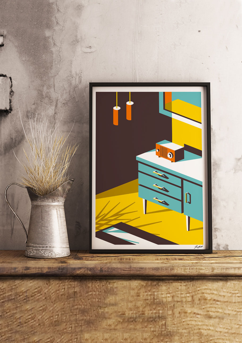 Art abstrait moderne, meuble bleu, luminaires orange, murs jaunes
