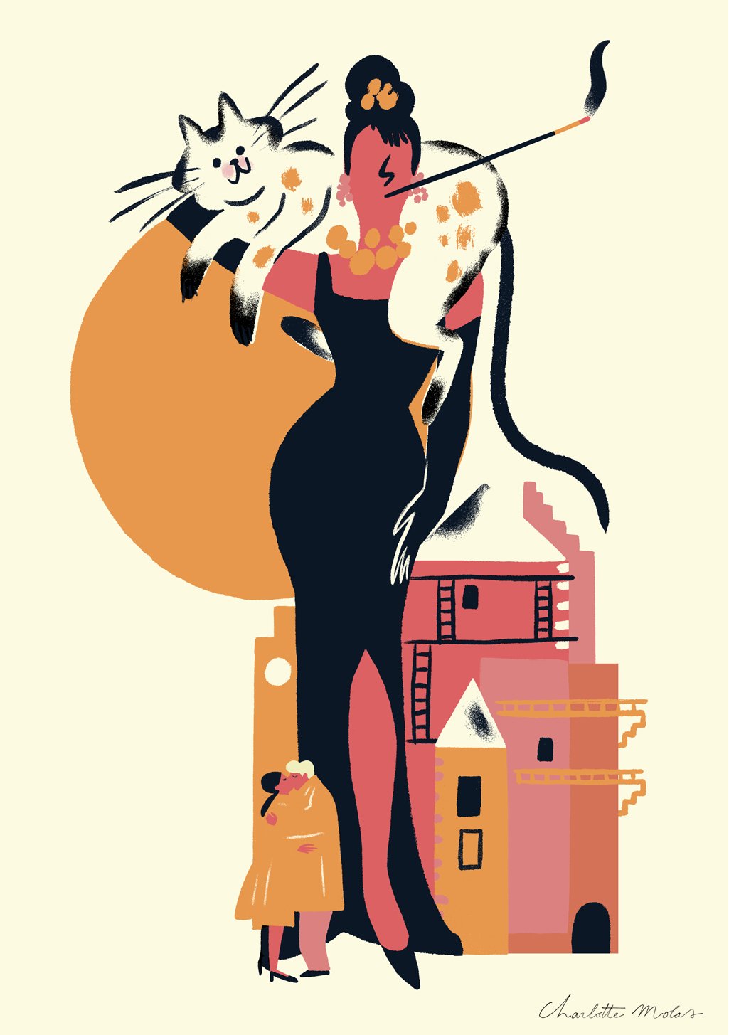 Femme avec chat, peinture, maison, ville, couleurs vives, artiste, scène de rue