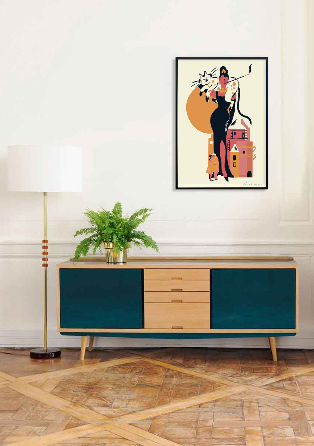 Femme avec chats, ville, couleurs vives, style artistique