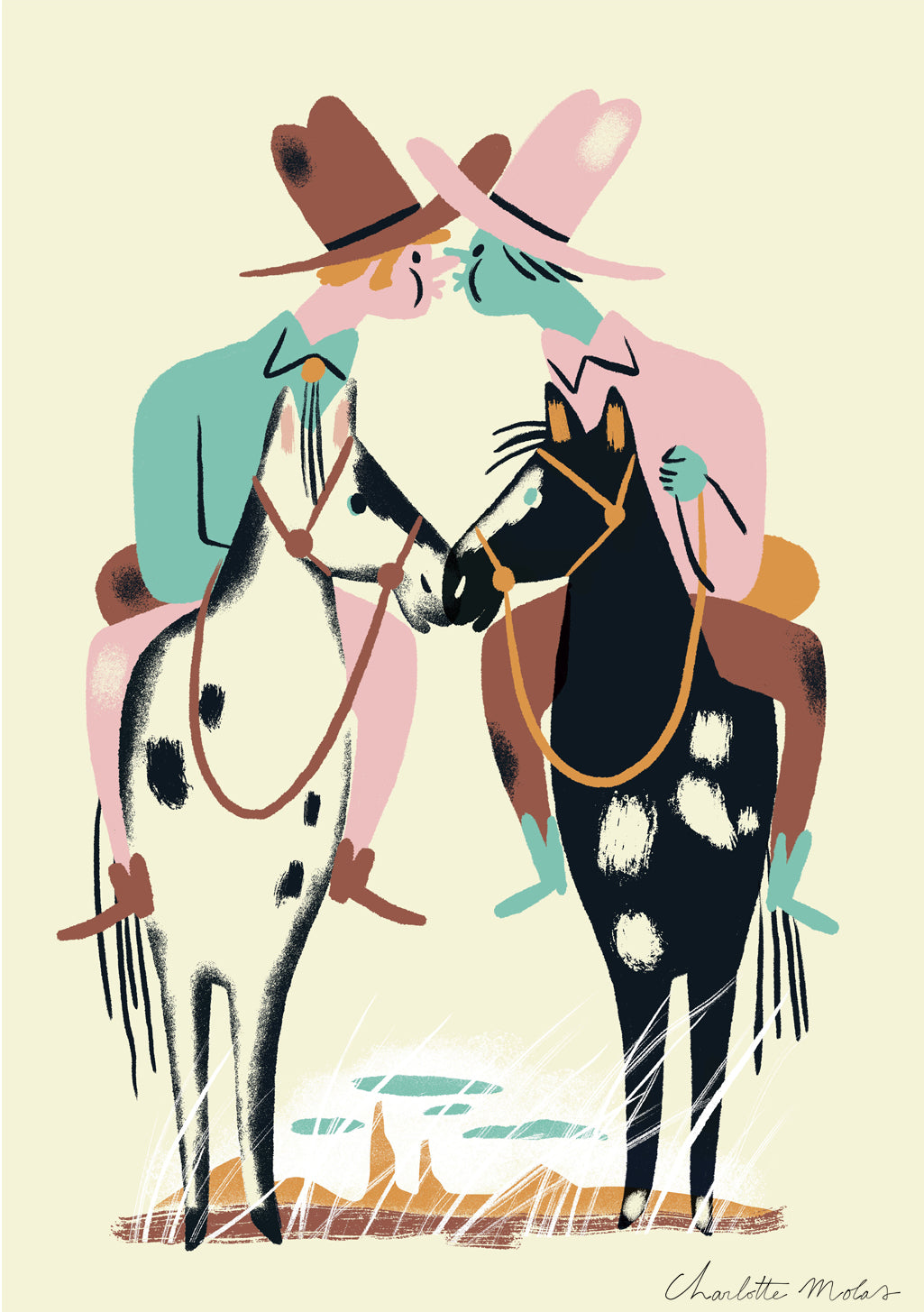 Illustration de deux cow-boys avec des chapeaux et des chevaux