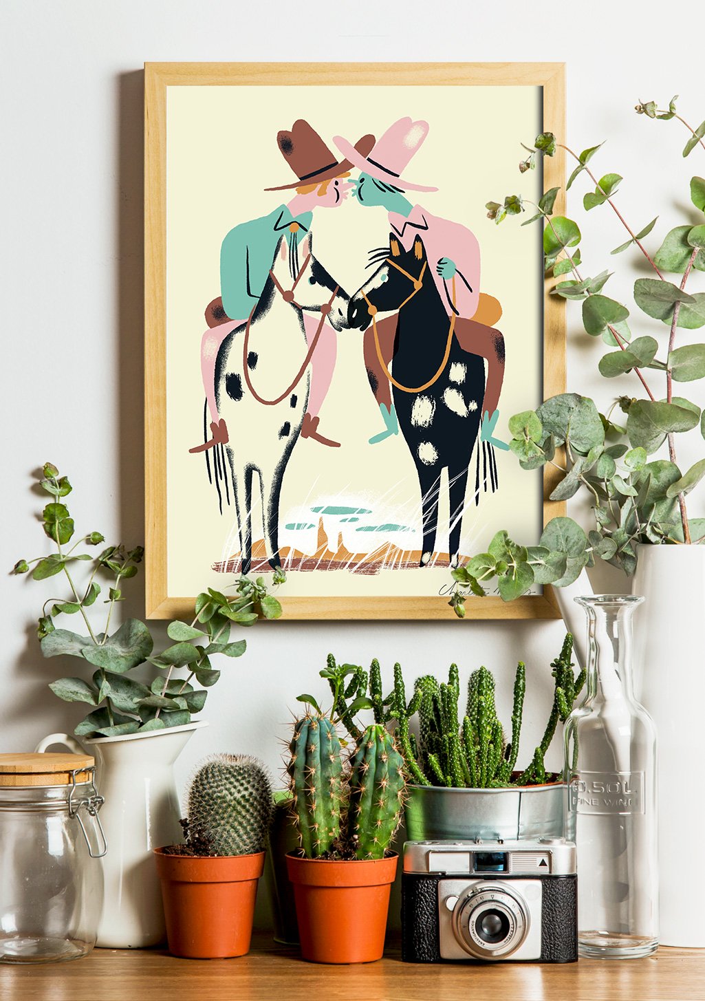 Art abstrait, deux cavaliers, chevaux, couleurs vives, cadre en bois