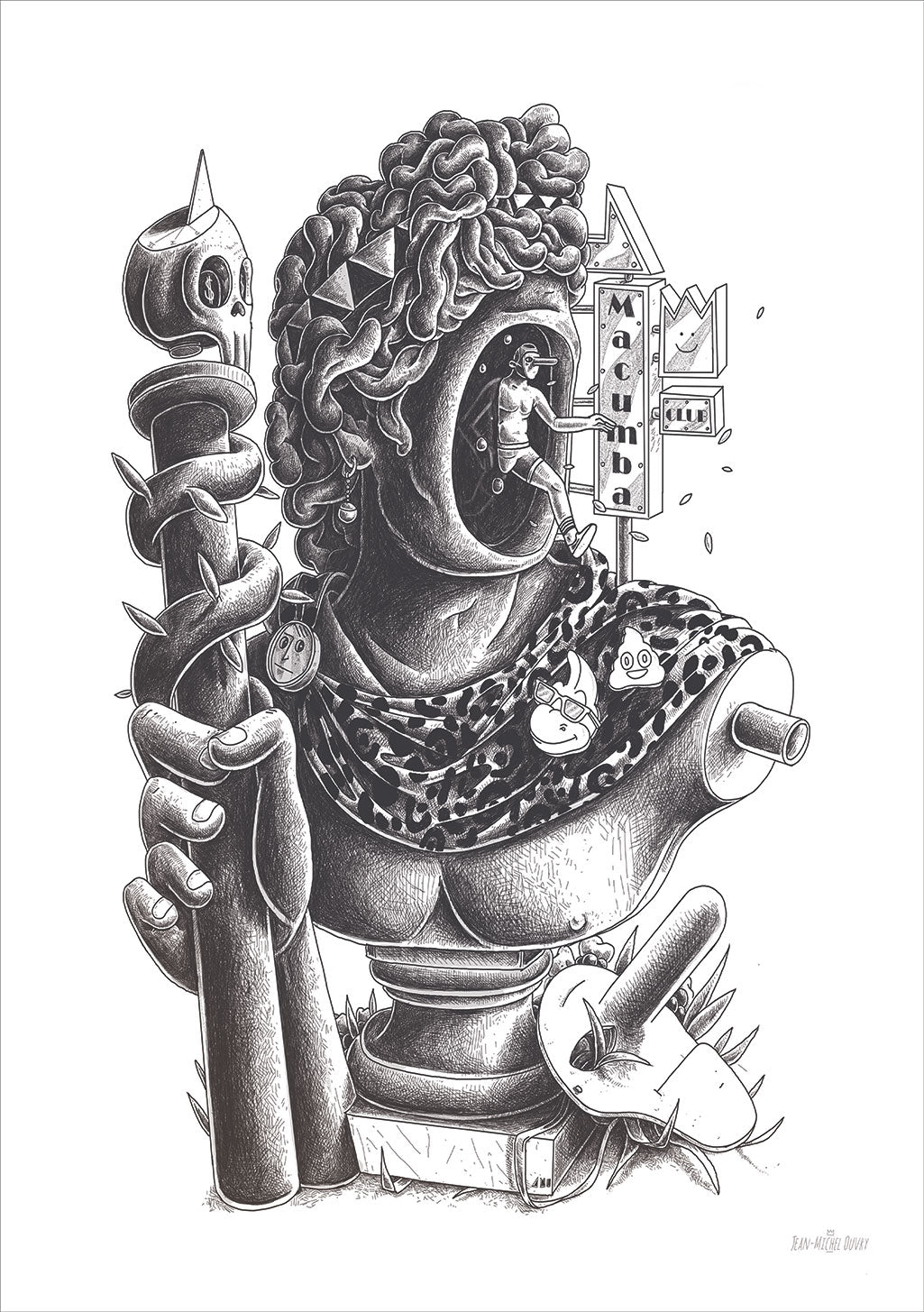 Illustration en noir et blanc, statue, masque, serpent, couronne, chaîne, tatouage, art gothique, art sombre, art détaillé, art encre