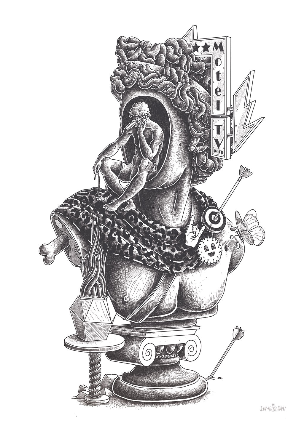 Statue, homme, chaînes, télévision, flèches, papillon, casque, toilettes, montre, verre, pied, dessin