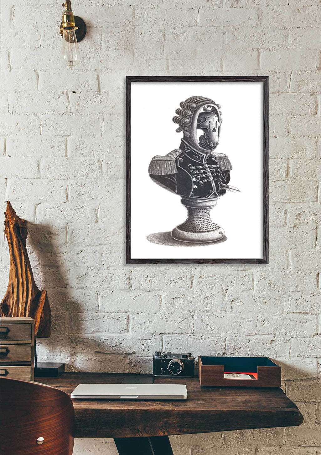 Buste en armure, homme, cadre, mur de briques blanches