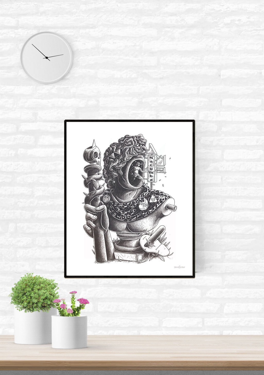 Art en noir et blanc, personnage avec casque et clés