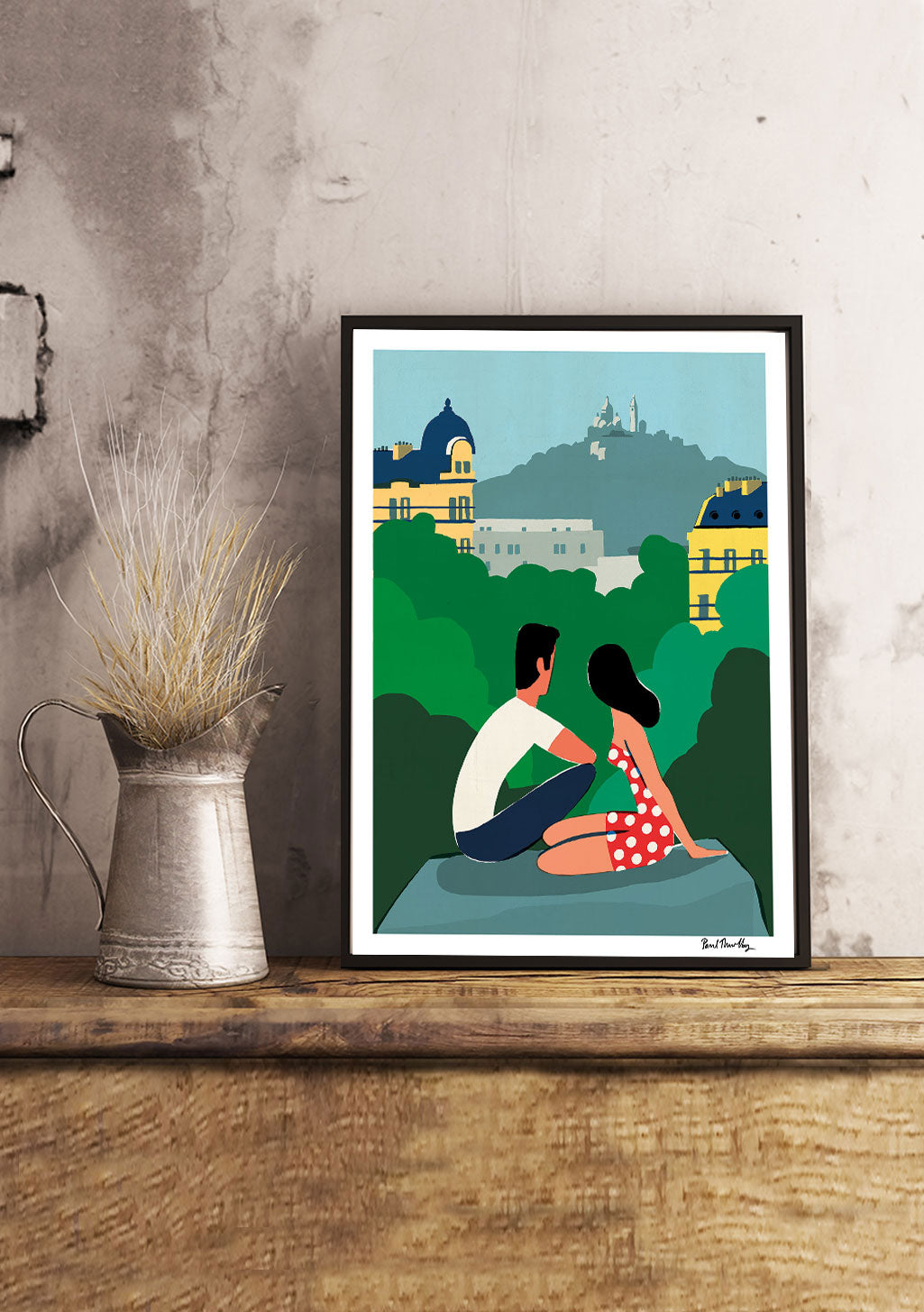 Couple assis sur colline, ville, bâtiments, nature, art moderne