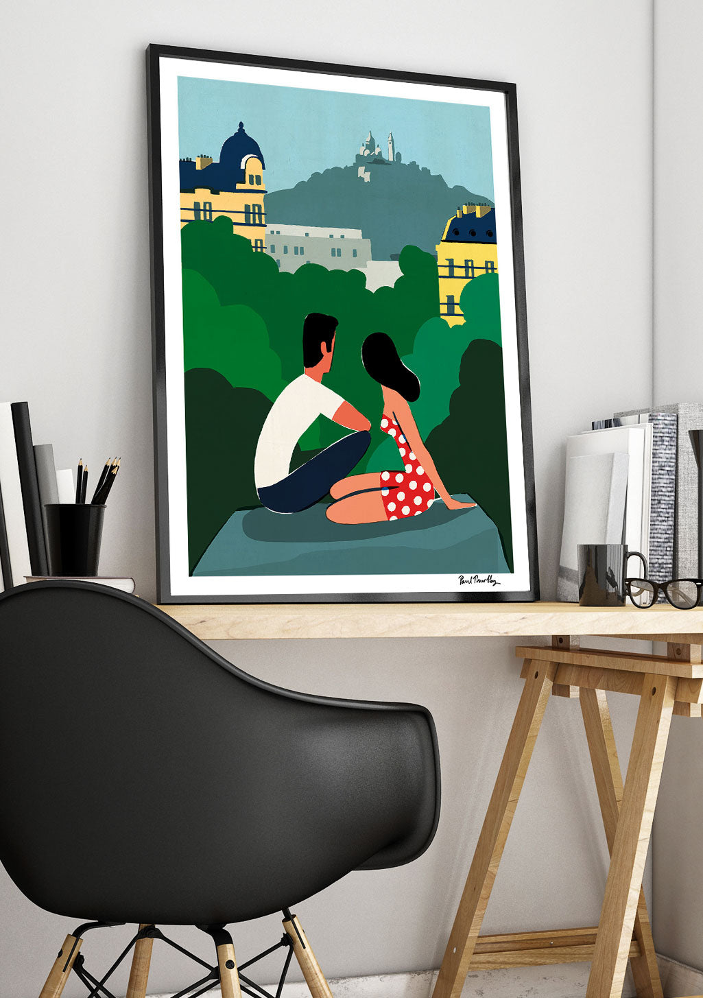 Couple assis sur colline, ville, bâtiments, nature, art moderne