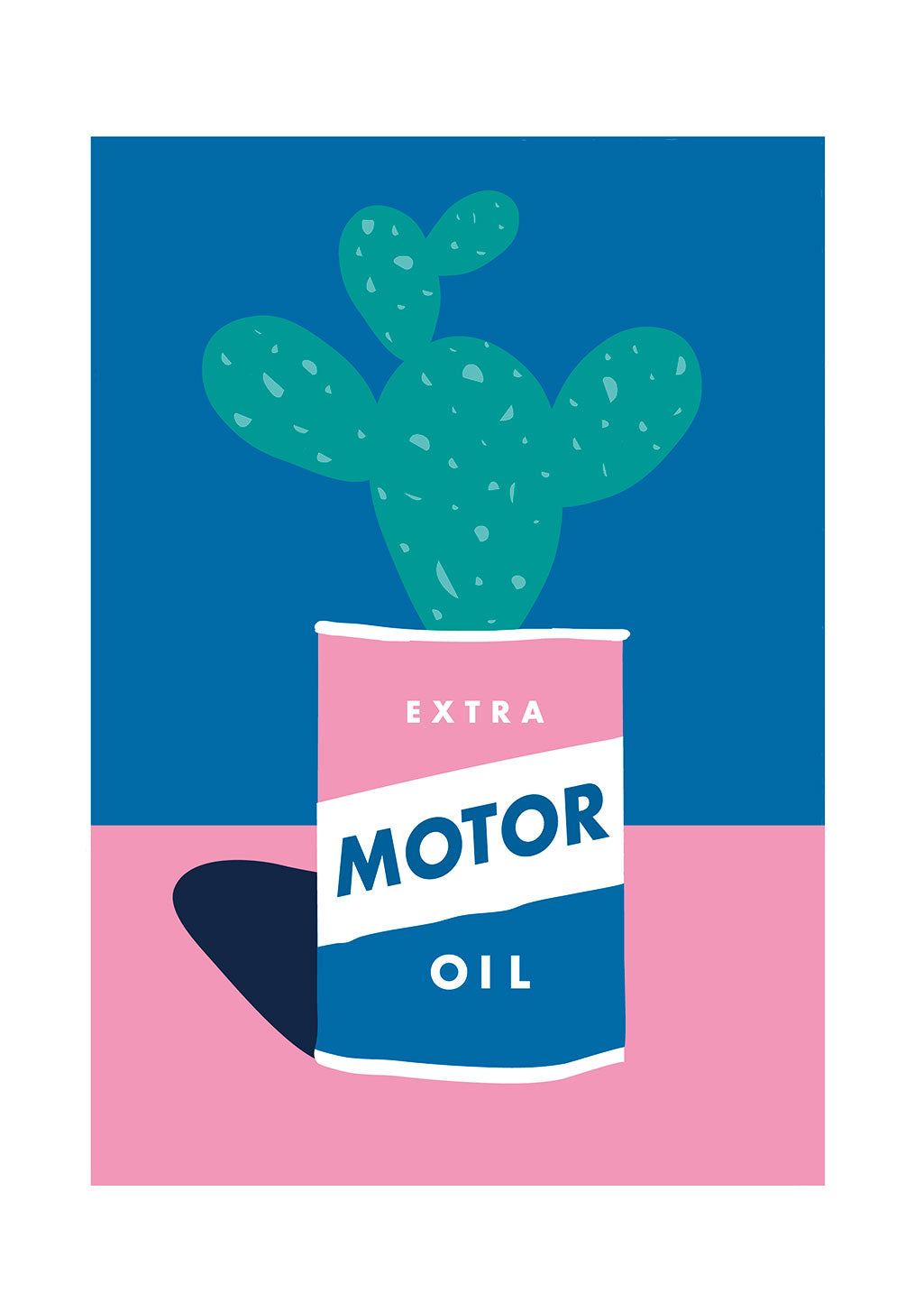 Cactus dans une boîte de moteur d'huile, fond bleu et rose