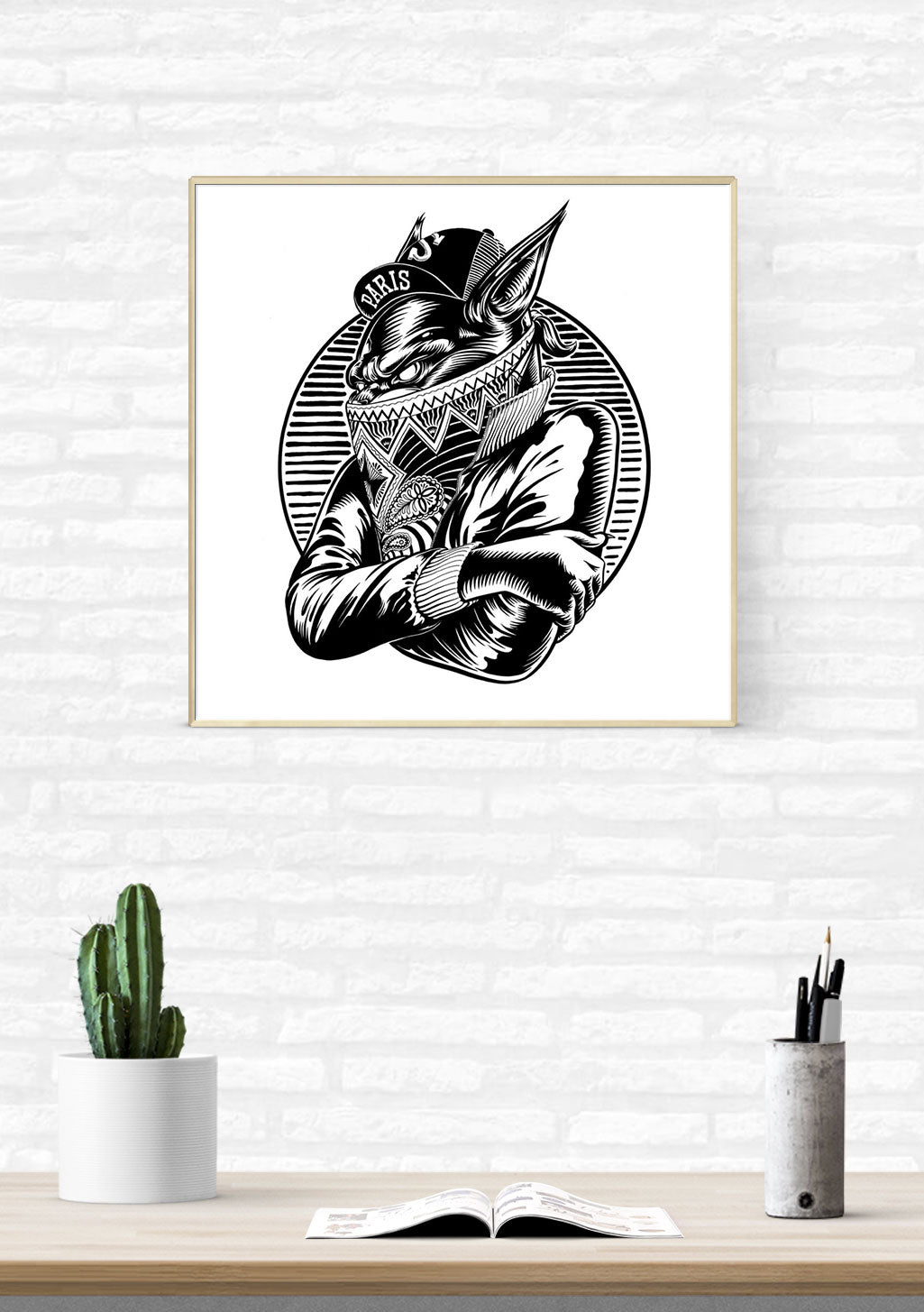 Poster en noir et blanc d'un renard avec chapeau et écharpe