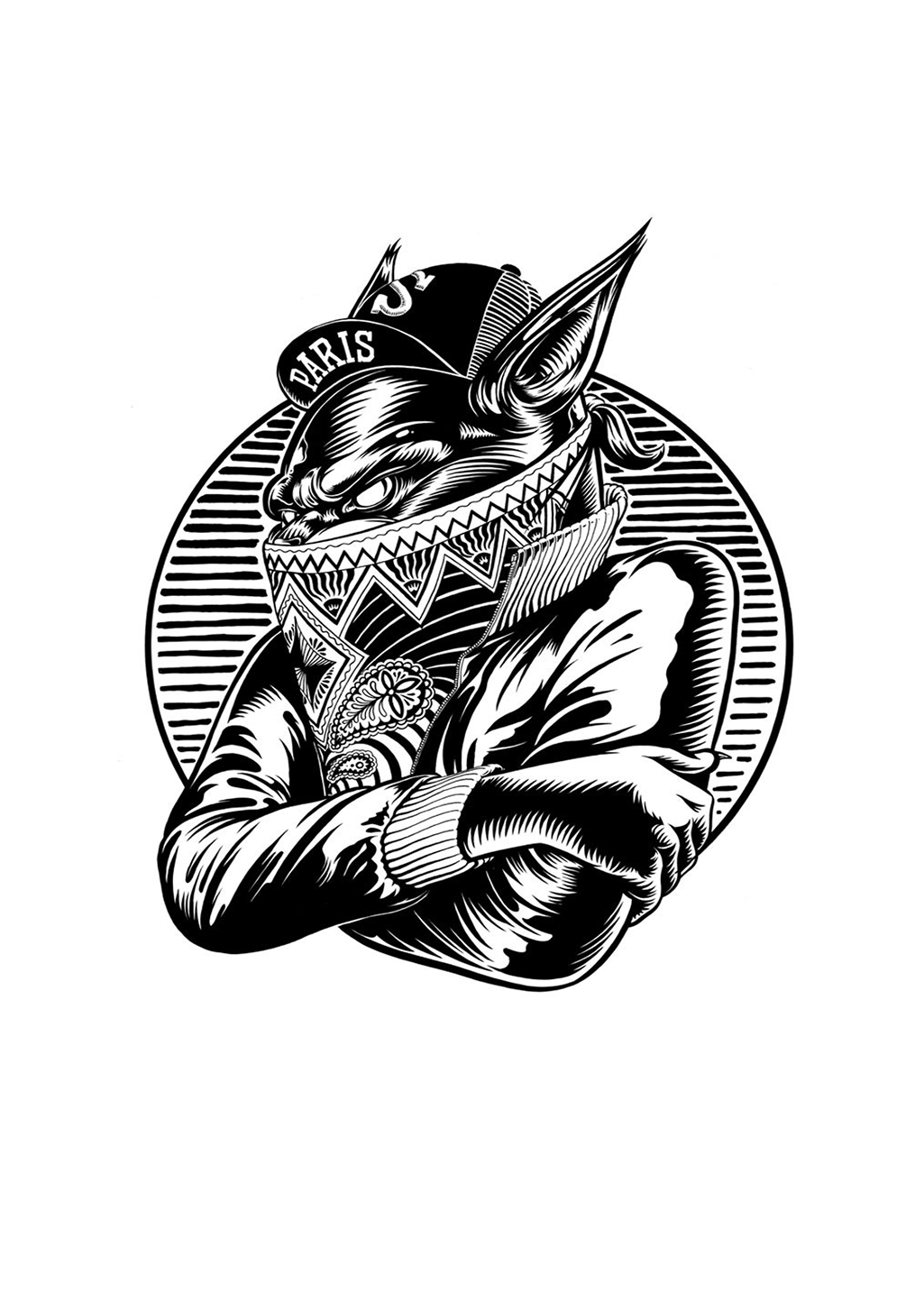 Illustration en noir et blanc d'un renard stylisé portant une casquette de baseball PARIS