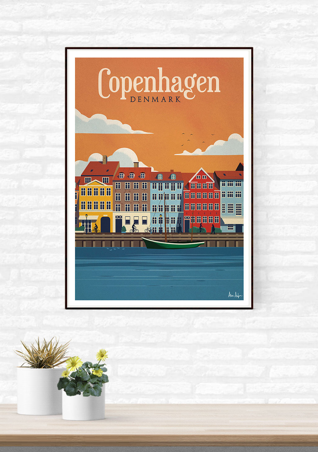 Poster de Copenhague, Danemark, ville, bateau, bâtiments colorés, coucher de soleil