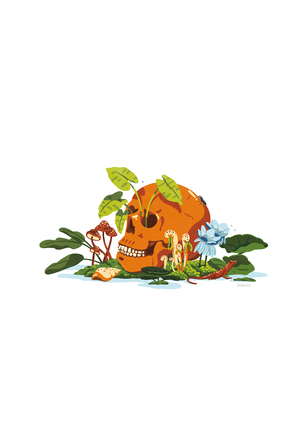 Crâne orange avec plantes et insectes