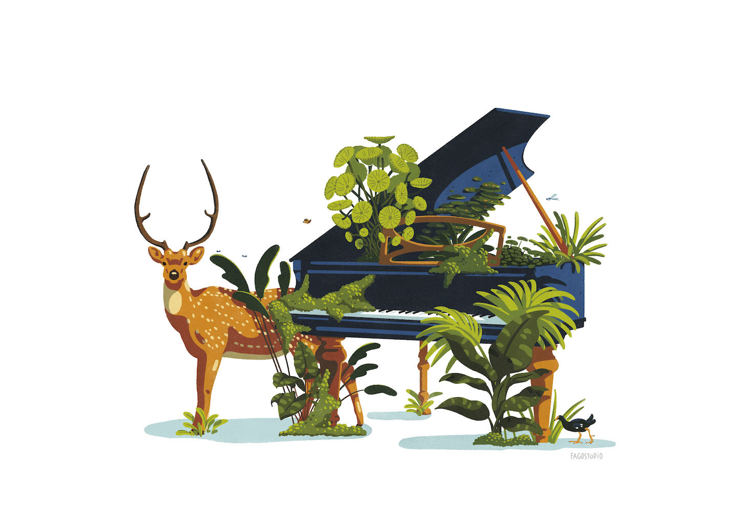 Piano, cerf, oiseaux, plantes, nature, musique, forêt, animal, instrument, musique, nature, piano