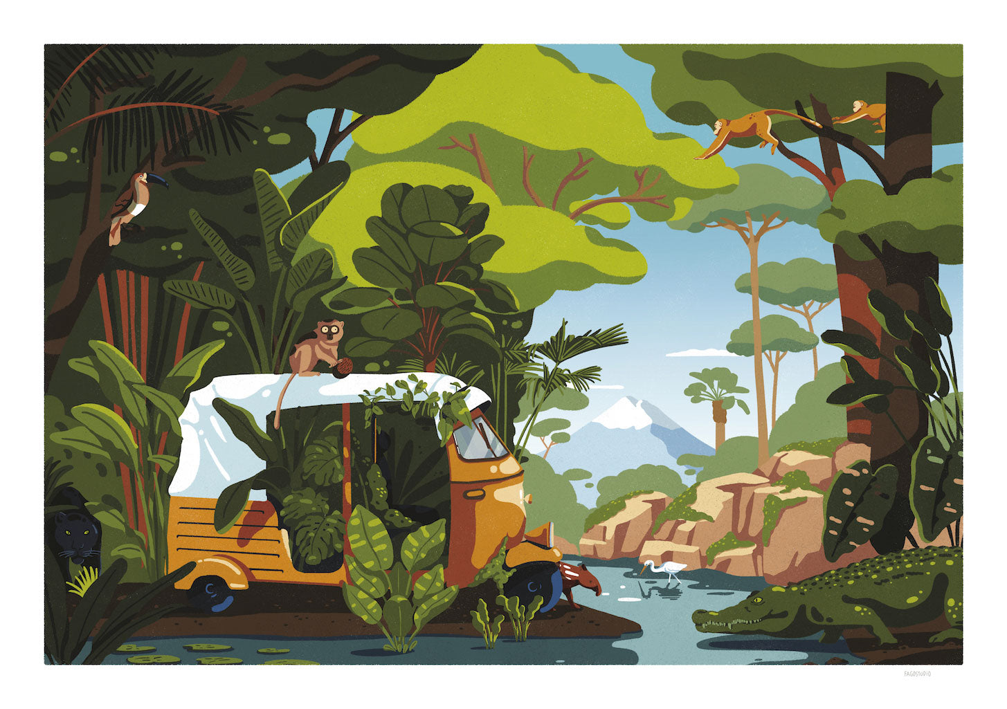 Forêt tropicale, camion, singe, crocodile, panthère, oiseaux, rivière, jungle, safari, nature, aventure, voyage
