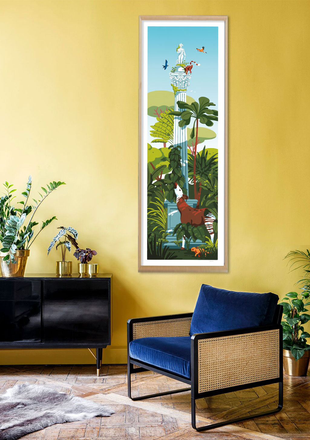 Statue, oiseaux, plantes, jardin, nature, cadre, mur jaune