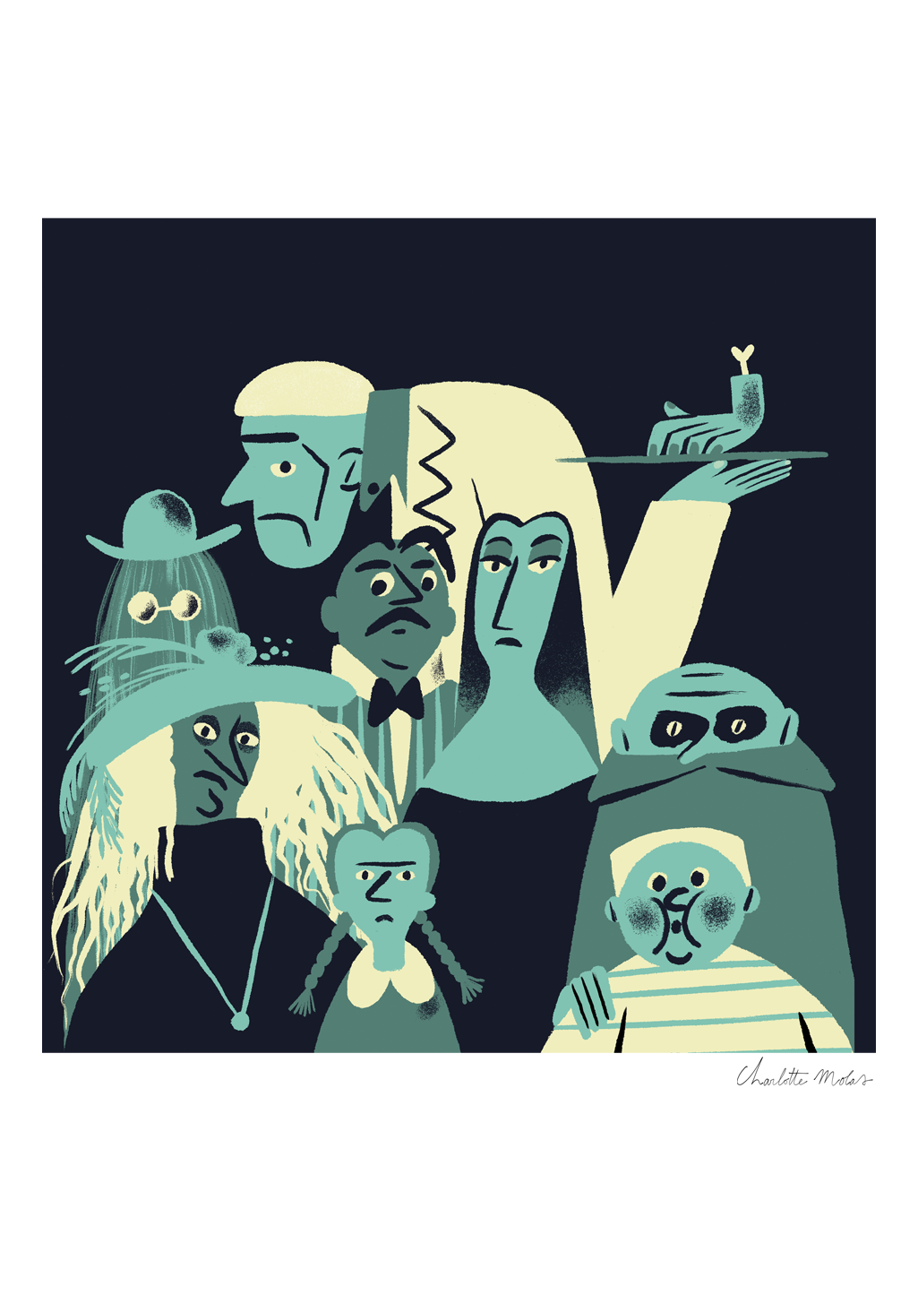 Illustration de groupe de personnages stylisés, expressions variées, tons verts et