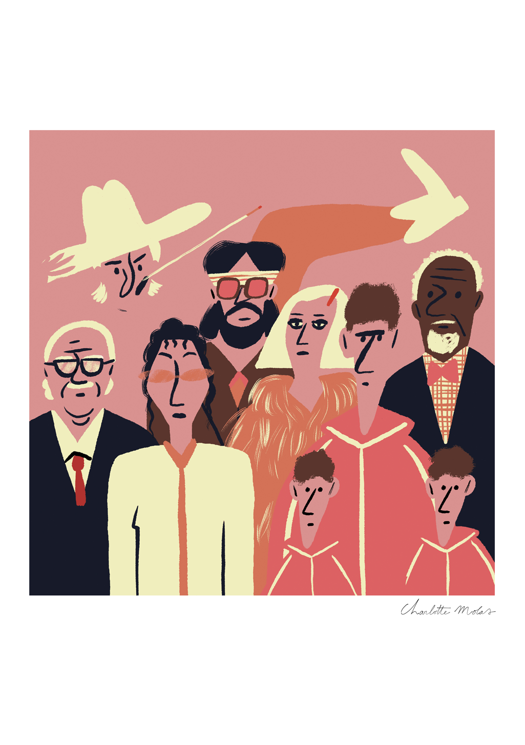 Illustration de groupe de personnes stylisées, diverses expressions, couleurs vives