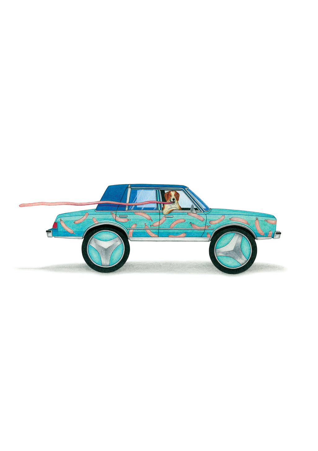 Voiture bleue avec des vers roses, personne au volant