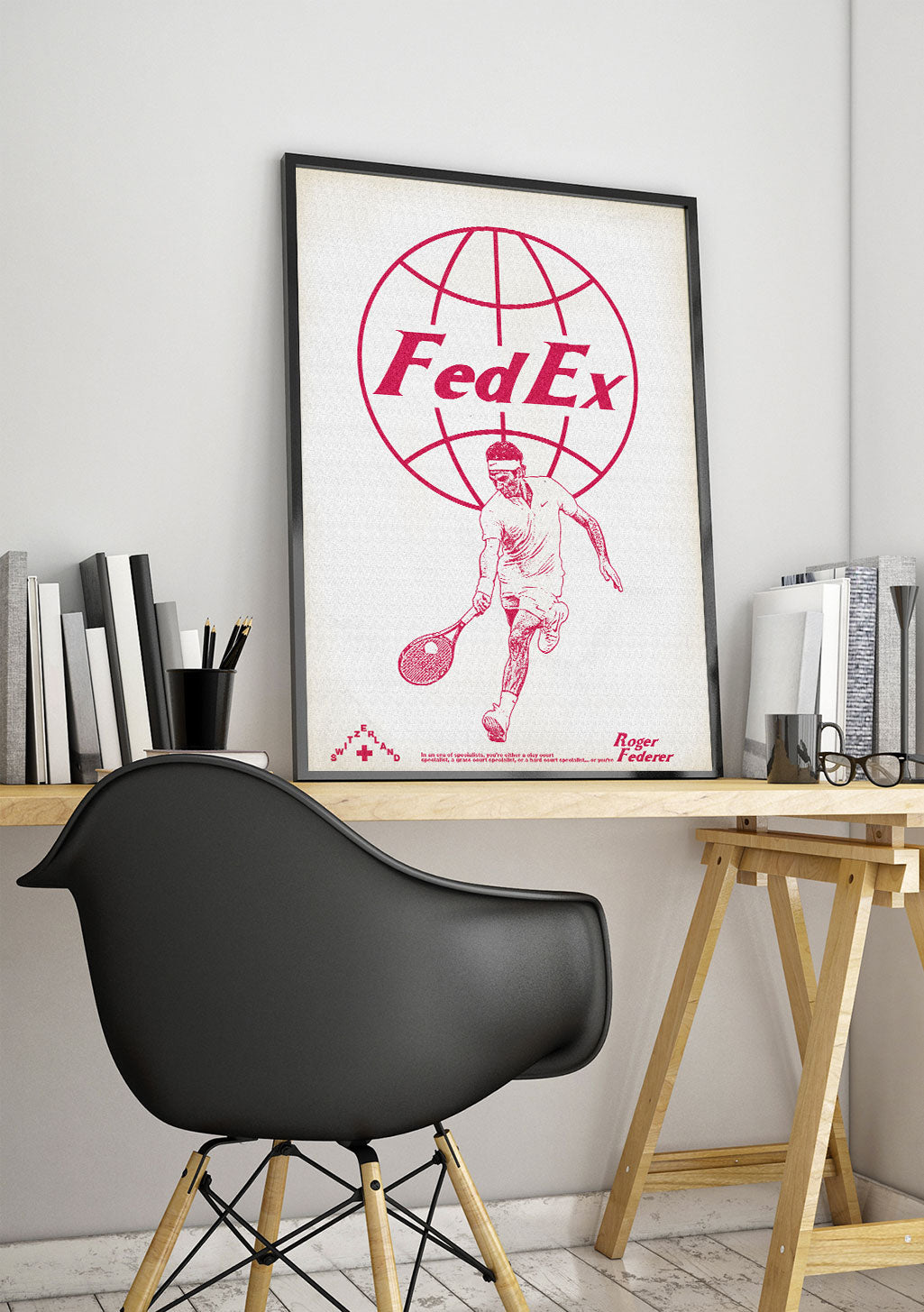 Poster FedEx, homme avec raquette de tennis, globe, vintage