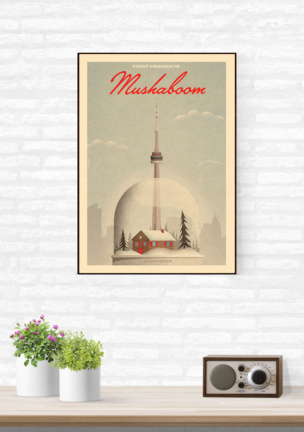 Tour CN, maison, neige, texte rouge, ciel nuageux, cadre doré