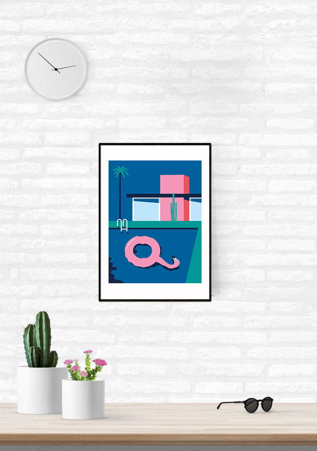 Poster moderne, maison bleue, piscine rose, palmiers, cactus