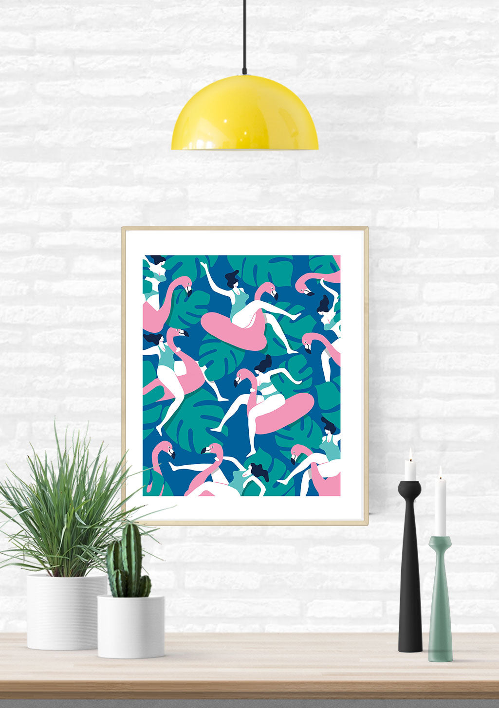 Art abstrait avec des flamants roses et des figures stylisées