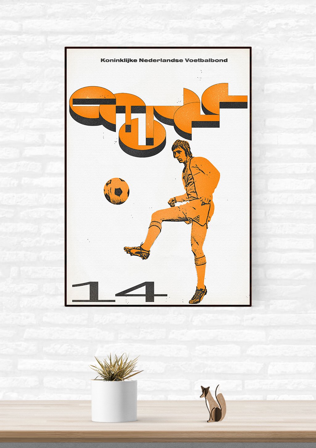 Poster de football orange et noir avec joueur et ballon