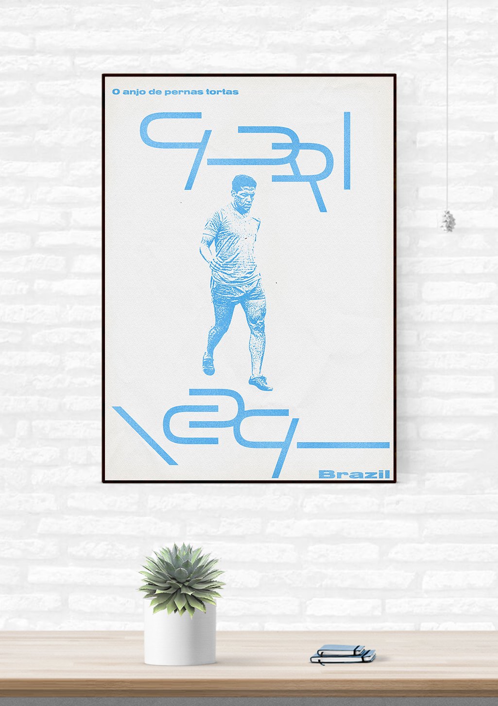 Poster de football, joueur, Brésil, texte bleu, mur blanc, plante, cadre, design minimaliste