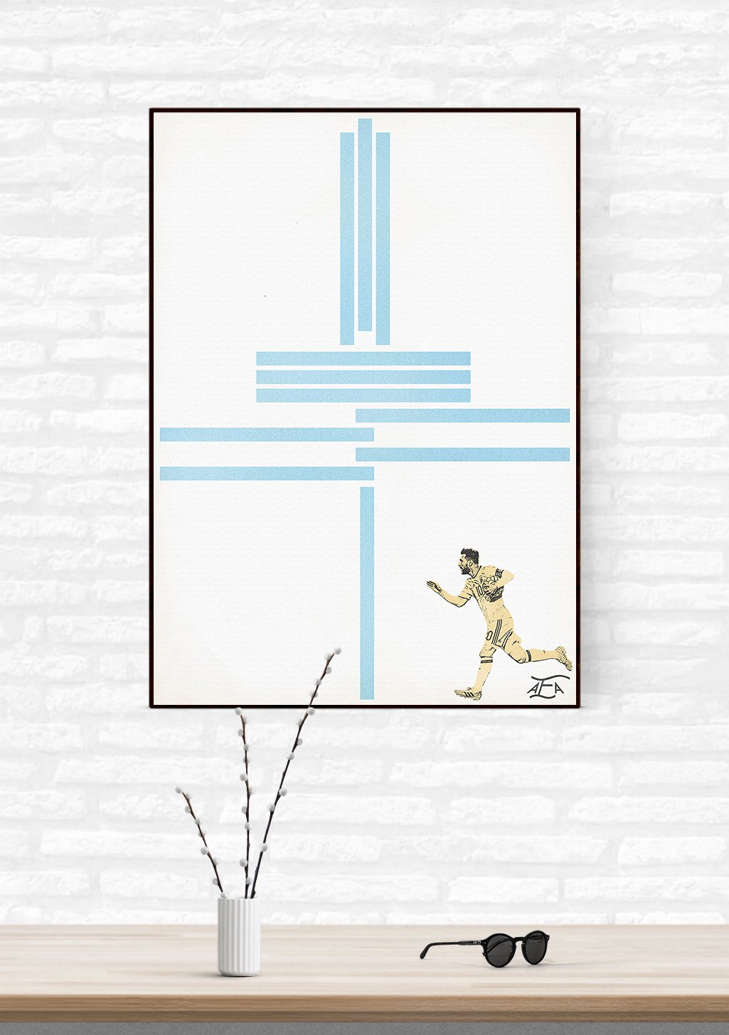 Art abstrait avec figure, lignes bleues, style minimaliste